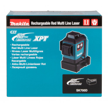 Niveau laser autonivelant Makita 10,8 et 12 Volts CXT - faisceau rouge - 3 lignes laser complètes à 360 degrés - 4 lignes verticales + 4 lignes horizontales - portée de 25m à 70m - IP54 | SK700D