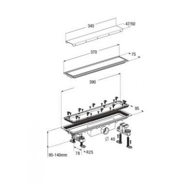 Caniveau de douche pour grille 50 mm avec grille réversible diamètre Ø 40mm - largeur 95mm - longueur 390mm Nicoll | SICAN40R