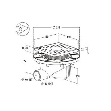 Siphon pour sols carrelés nouvelle génération avec grille et cadre PVC Blanc sortie horizontale diamètre Ø 40mm x 50mm - largeur 150mm - longueur 150mm Nicoll | SICAX15HNP