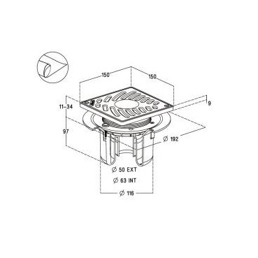 Siphon pour sols carrelés nouvelle génération avec grille et cadre PVC Blanc sortie verticale diamètre Ø 40mm x 50mm - largeur 150mm - longueur 150mm Nicoll | SICAX15VNP