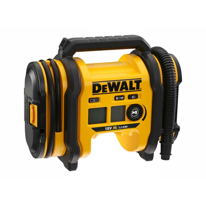 Gonfleur dewalt compact sans fil portatif XR 18 Volts - fonction dégonflage et lampe LED - triple alimentation sur batterie, secteur ou prise allume cigare 12 volts - livré nu sans chargeur ni batterie Dewalt | DCC0...