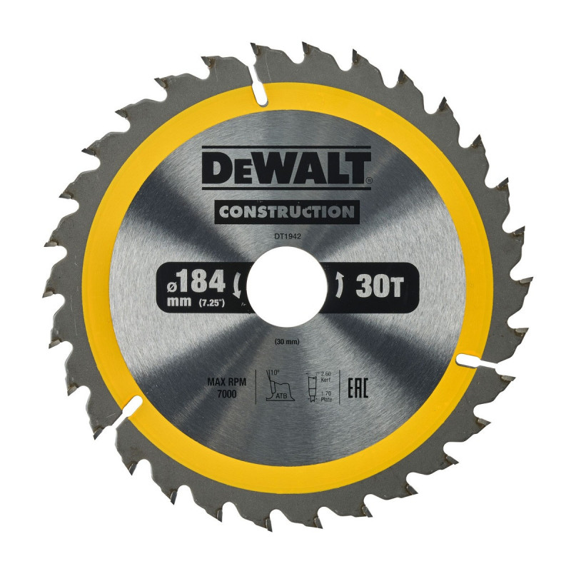 Lame Dewalt pour scie circulaire portative construction 184 x 30mm - 30 dents | DT1942-QZ