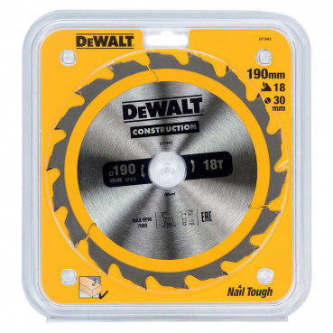 Lame Dewalt pour scie circulaire portative construction 190 x 30mm - 18 dents | DT1943-QZ