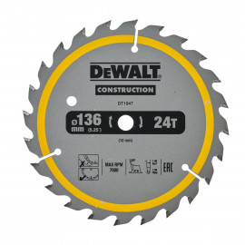 Lame Dewalt pour scie circulaire sans fil construction 136 x 10mm - 24 dents | DT1947-QZ