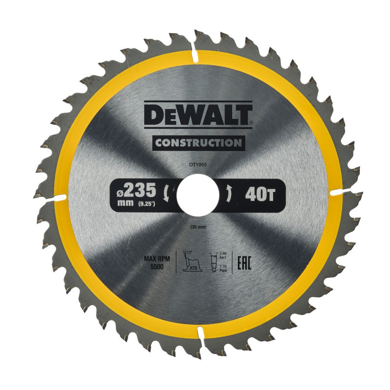 Lame Dewalt pour scie circulaire portative construction 235 x 30mm - 40 dents | DT1955-QZ