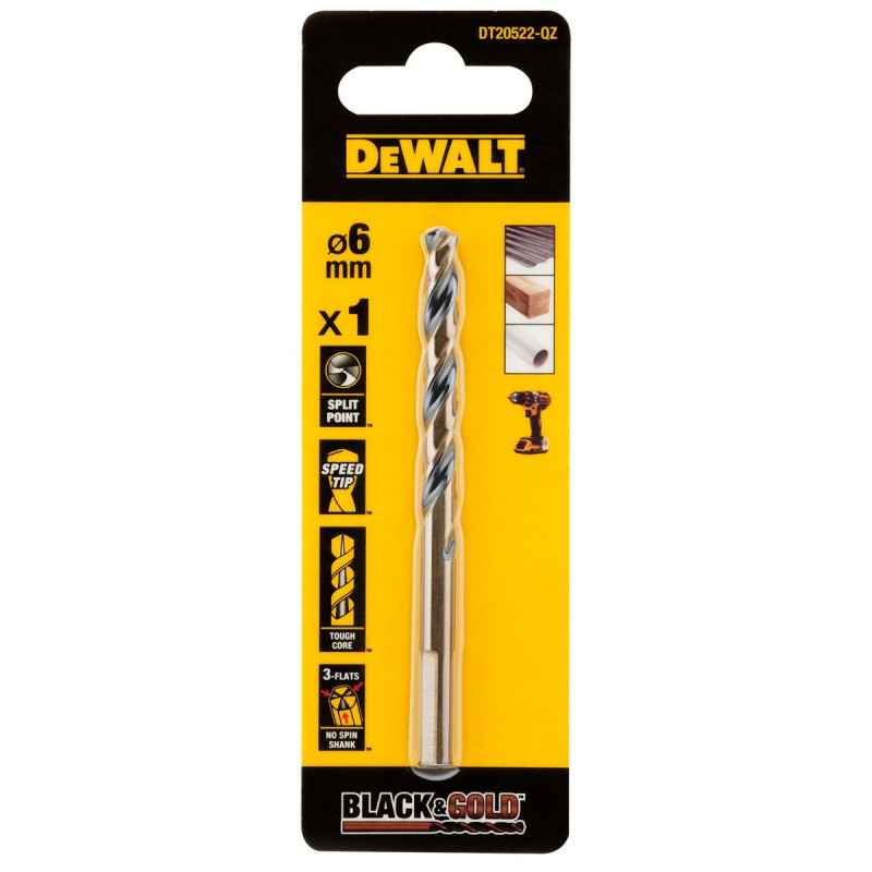 Foret black&gold HSS-G perçage plastique, bois, métal - 6 x 57 x 93mm Dewalt | DT20522-QZ