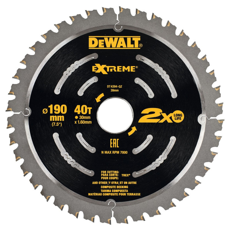 Lame Dewalt pour scie circulaire portative extrême, 190 x 30mm - 40 dents | DT4394-QZ