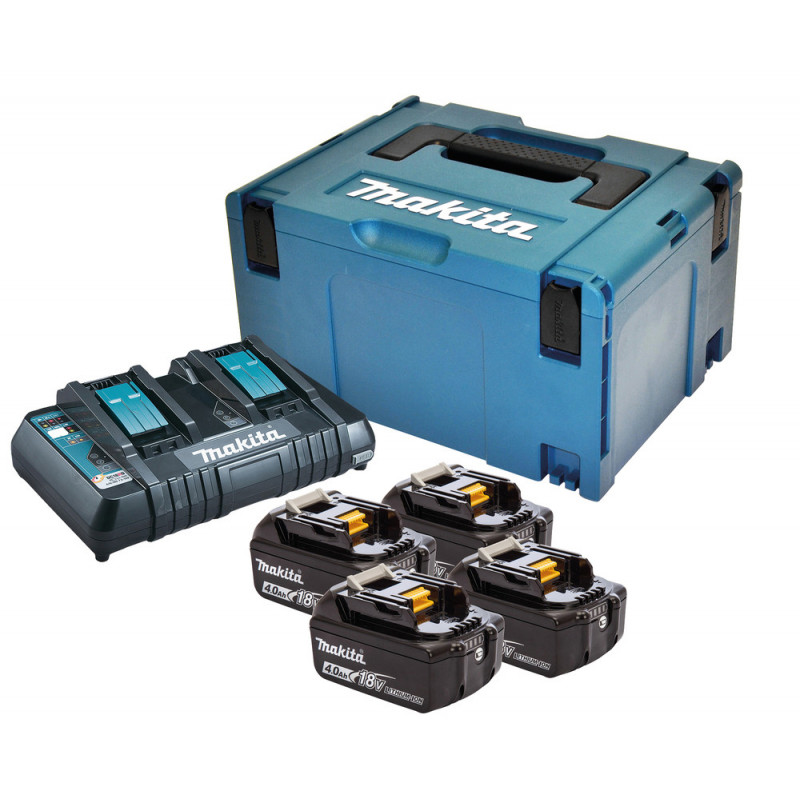 Pack Énergie Makita 18 Volts - sans fil Lithium (Li-Ion) (4 batteries + 1 chargeur Makita double) avec coffret MAK-PAC - charge moyenne 36min - batterie 4Ah | 197503-4