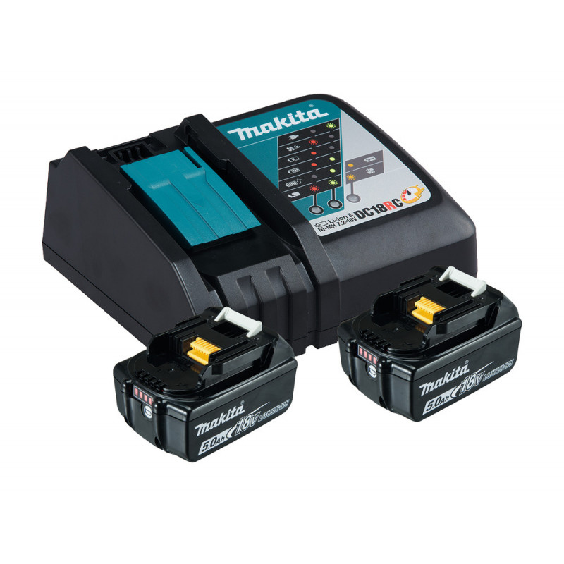 Pack Énergie Makita 18 Volts - sans fil Lithium (Li-Ion) (2 batteries + 1 chargeur Makita simple) en carton - charge moyenne 45min - batterie 5Ah | 197570-9