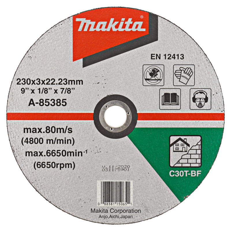 Disques à tronçonner matériaux pour meuleuse - diamètre 230mm - épaisseur 3mm - alésage 22,23mm - 1 pièce(s) - grain C30T - 41 Makita | A-85385