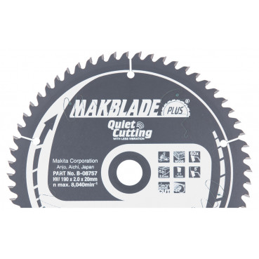 Lame de scie circulaire, Makblade + T.C.T, 190 x 20mm 60 dents - diamètre 190mm - coupe-saignée 2mm Makita | B-08757