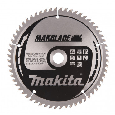 Lames carbure "Makblade" Bois, pour scie radiale et à onglet - diamètre 190mm - coupe-saignée 2mm - 60 dents - alésage 20mm Makita | B-09042