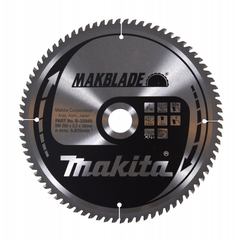 Lames carbure "Makblade" Bois, pour scie radiale et à onglet - diamètre 260mm - coupe-saignée 2,3mm - 80 dents - alésage 30mm Makita | B-32845