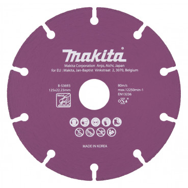 Disques à concrétion diamant pour métal - diamètre 125mm - alésage 22,23mm - épaisseur 1,3mm Makita | B-53693