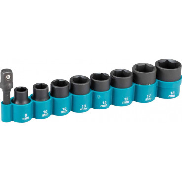 Ensemble de 8 douilles de serrage 1/2" plus adaptateur 3/8" - diamètre 8, 10, 12, 13, 14, 15, 17, 18mm Makita | B-54651