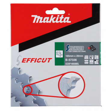 Lames carbures EFFICUT pour bois, MDF et stratifié, pour scies circulaires à batterie - diamètre 165mm - alésage 20mm - coupe-saignée 1,45mm - 56 dents Makita | B-57336