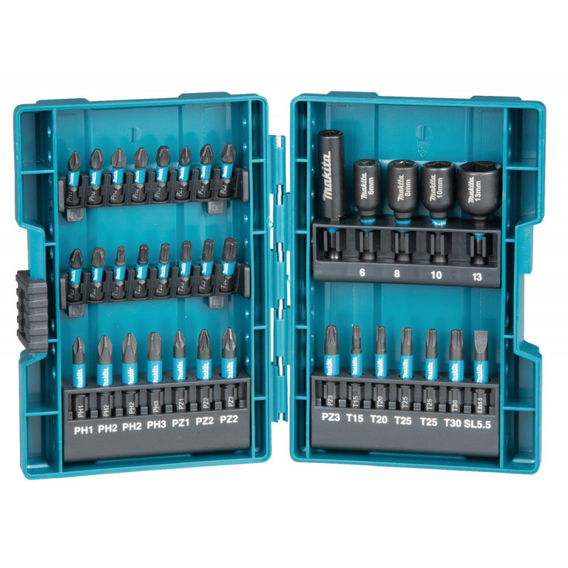 Coffret d'embouts de vissage Makita d'excellente qualité, 35 pièces dont douilles et embouts de tournevis torx, plats et cruciformes pour perceuse deviseuse à chocs | B-66880