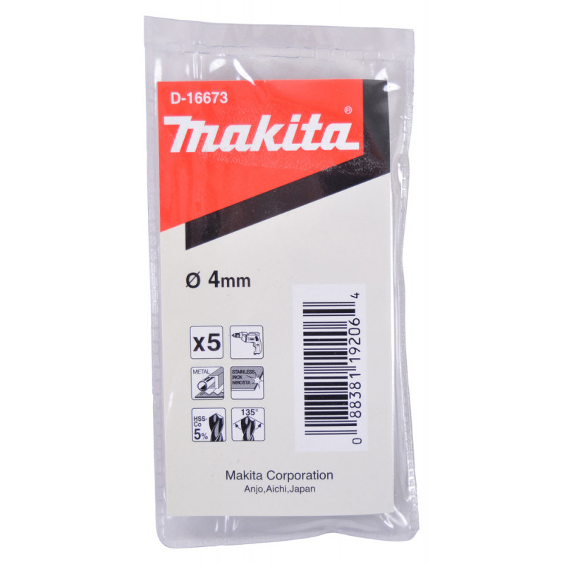 Foret à métaux HSS-Co 5% - diamètre 4mm - longueur totale 75mm - profondeur maxi de perçage 43mm - 5 pièce(s) Makita | D-16673