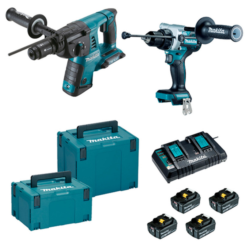 Pack machines Makita sans fil - perforateur dhr264 et perceuse visseuse dhp481 - 18 Volts li-ion 5 ah 4 batteries et double coffret | DLX2470PTJ