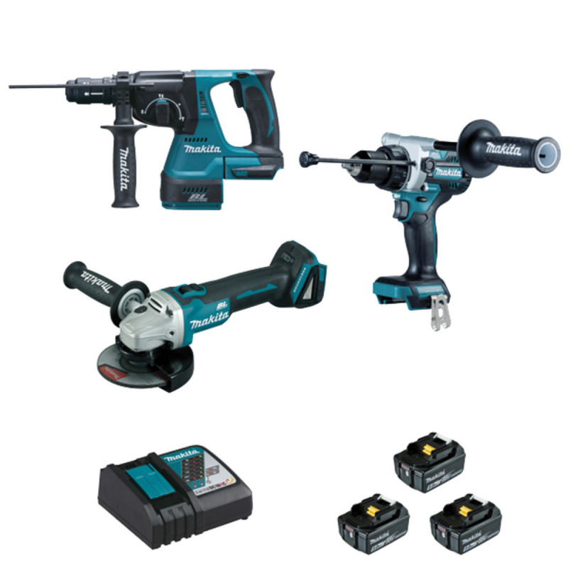 Ensemble pack de 3 machines Makita 18 Volts - sans fil Lithium (Li-Ion) 5 Ah (DGA506 + DDF486 + DHR243) | DLX3157TJ