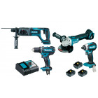 Image du produit : Ensemble pack de 4 machines Makita 18 Volts - sans fil Lithium (Li-Ion) 5 Ah (DGA504 + DDF482 + DHR241 + DTD153) - charge moyenne 45min | DLX4080TX1