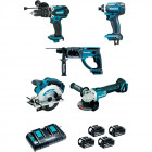 Image du produit : Ensemble pack de 5 machines Makita 18 Volts - sans fil Lithium (Li-Ion) 5 Ah (DHP458 + DTD152 + DGA504 + DHR202 + DSS610) - charge moyenne 45min | DLX5039PTJ