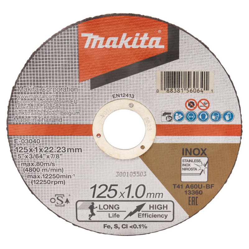 Disque à tronçonner 125 x 1mm INOX, par 12 - diamètre 125mm - grain A60U - 41 Makita | E-03040-12