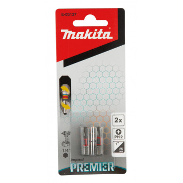 Embout pour vissage à chocs (Impact Premier) 25mm PHILLIPS PH2, Hexa 1/4" - 2 pièce(s) Makita | E-03137